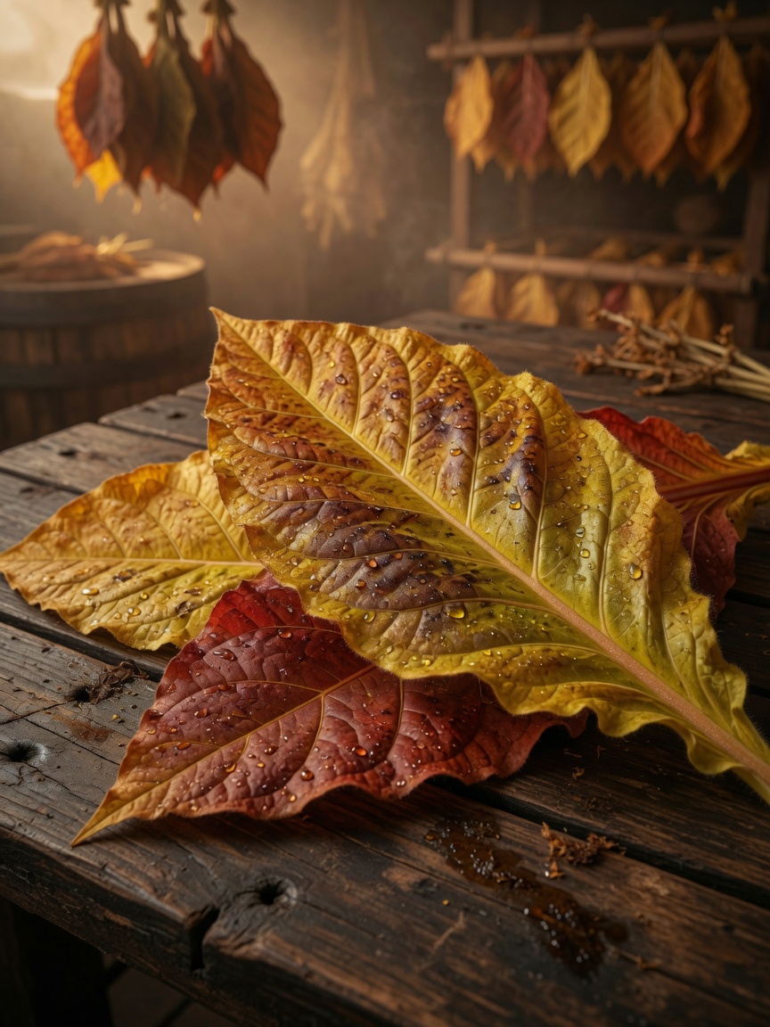 Tobacco leaf grading — leaves of different colors, thicknesses, and oil content arranged to show the visual differences across grading dimensions